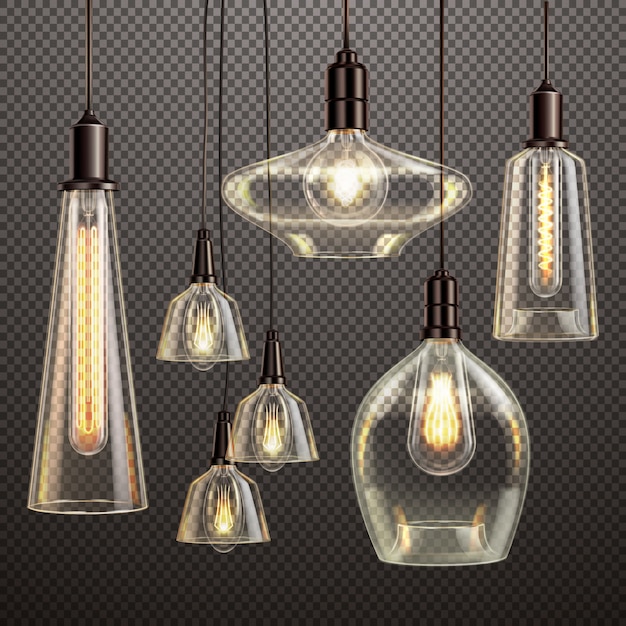 Free vector hanging clear glass lamps with glowing filament antique led light bulbs realistic dark gradient transparent set