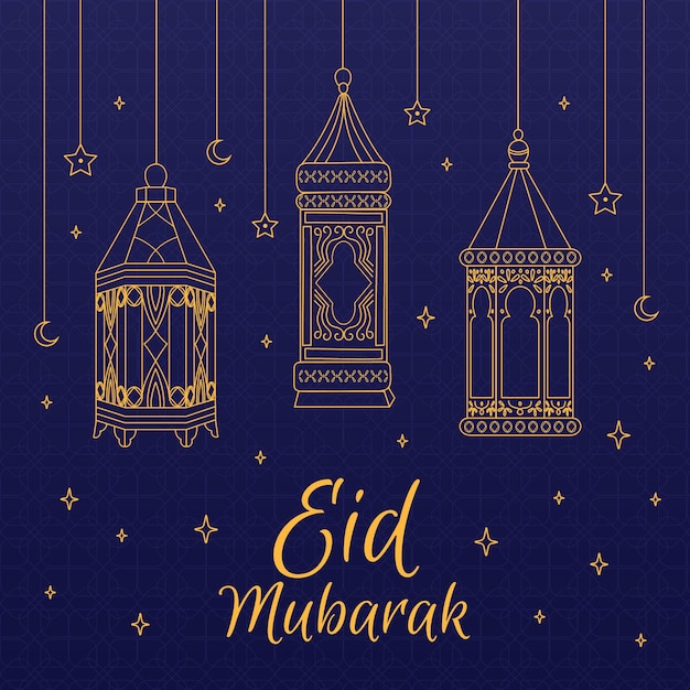 Free vector hanging outline lanterns hand drawn eid mubarak