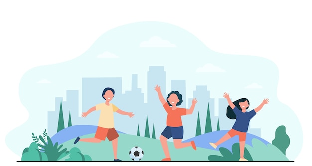 Happy active children playing football outdoors flat vector illustration. Cartoon child characters running with soccer ball. Sport game and playground concept