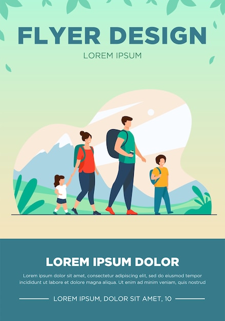 Free Vector happy active family walking outdoors. couple of tourists with children hiking, carrying camping backpacks. vector illustration for holiday, mountain trekking, activity, lifestyle concept