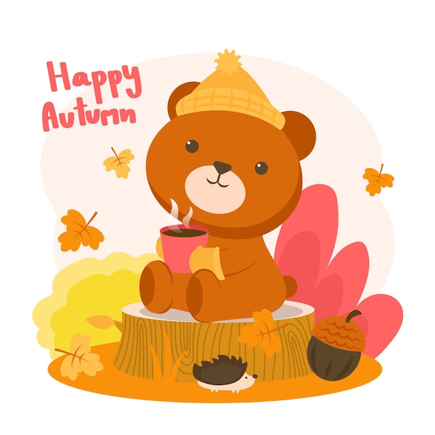 Happy autumm with a bear sitting on a stump drinking coffee