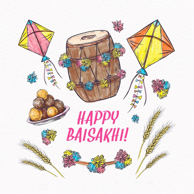 Free Vector happy baisakhi event with wheat and kites