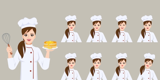 Free Vector happy beautiful woman chef in difference emotions face character