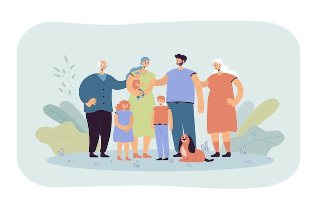 Happy big family standing together and smiling flat illustration. Cartoon father, mother, grandmother, grandfather, children and dog