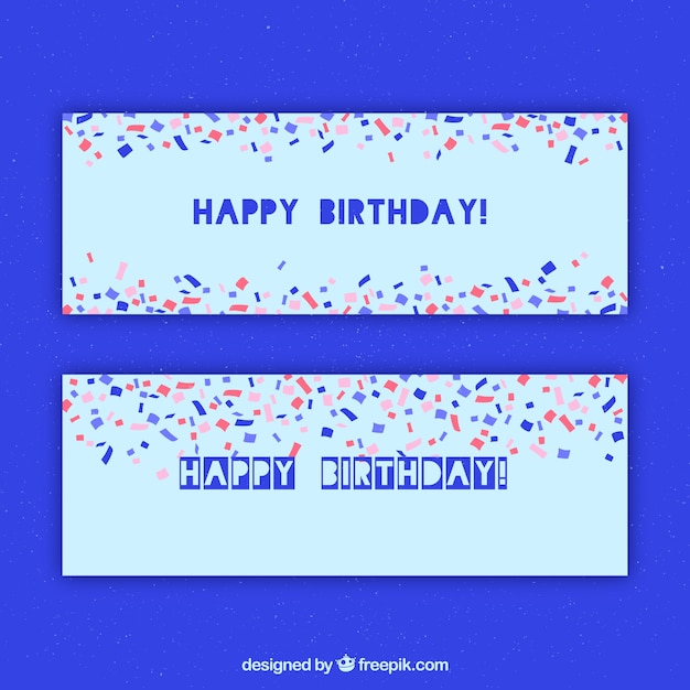 Free Vector happy birthday banners with confetti and blue background