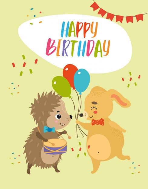 happy birthday card hedgehog and dog