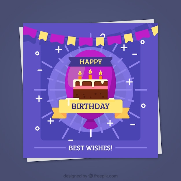 Happy birthday card with cake in flat style