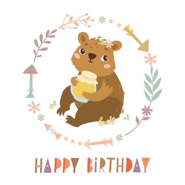 Free Vector happy birthday card with cute bear with honey