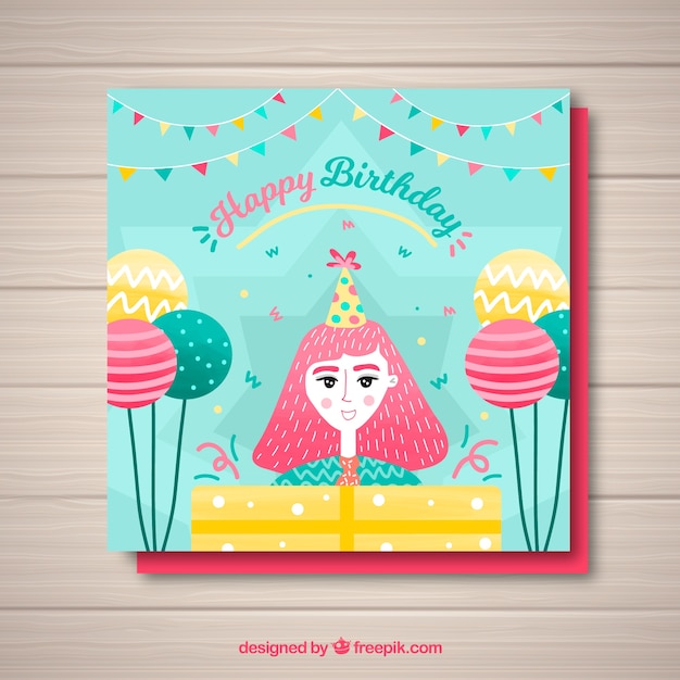 Happy birthday card with girl in flat style