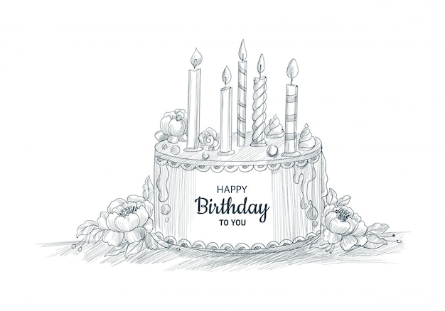 Happy birthday decorative cake with candles sketch design