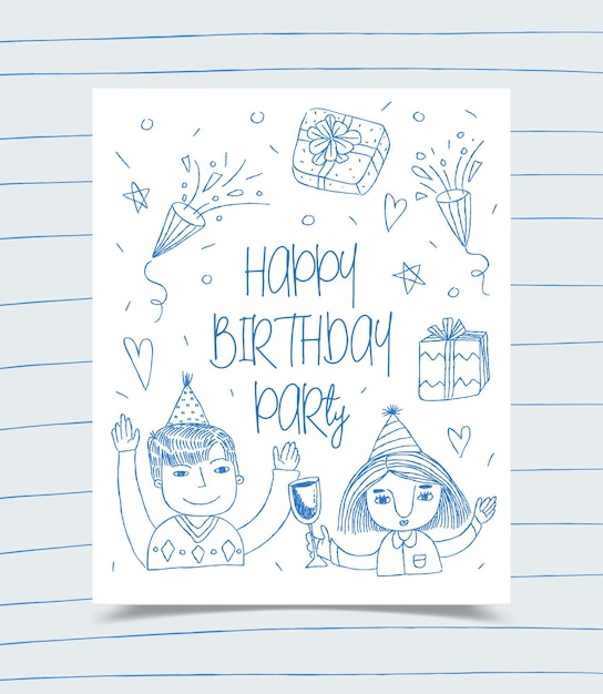 Free vector happy birthday greeting card decorated with girl, boy and gift box