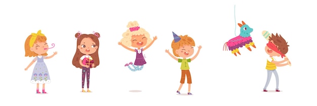 Free Vector happy birthday kids celebrating at party cute children with gifts little boys and girls smiling and jumping on white background