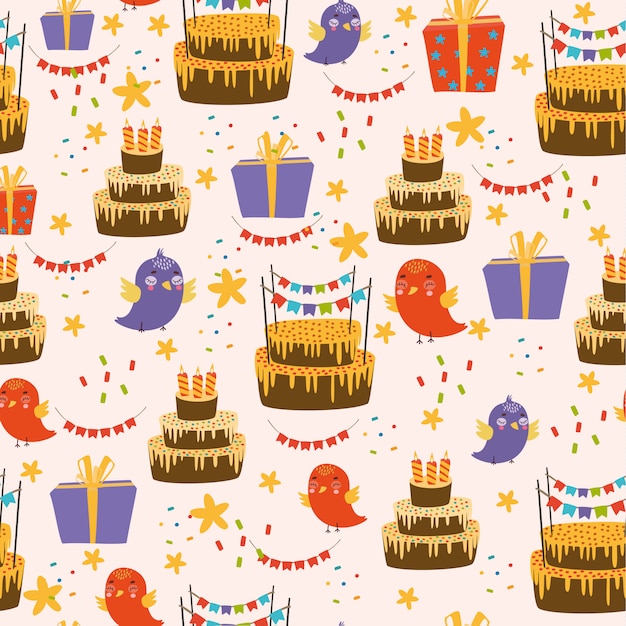 Free vector happy birthday pattern with birds and cake