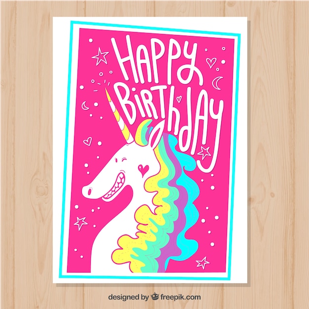 Free Vector happy birthday, pink card with a unicorn