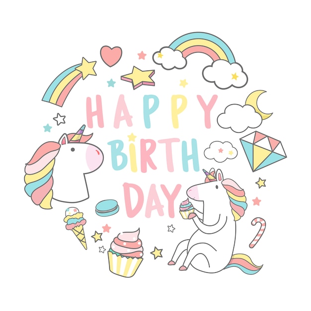 Happy Birthday unicorn with magic elements card vector