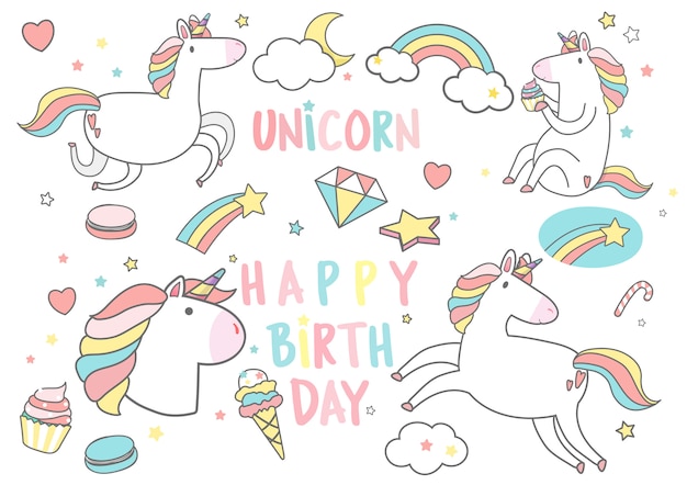 Happy Birthday unicorn with magic elements card vector