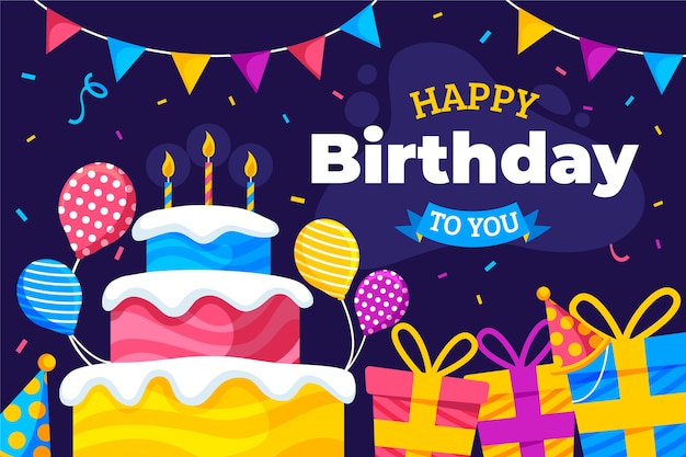 Happy birthday to you flat design with cake and gifts