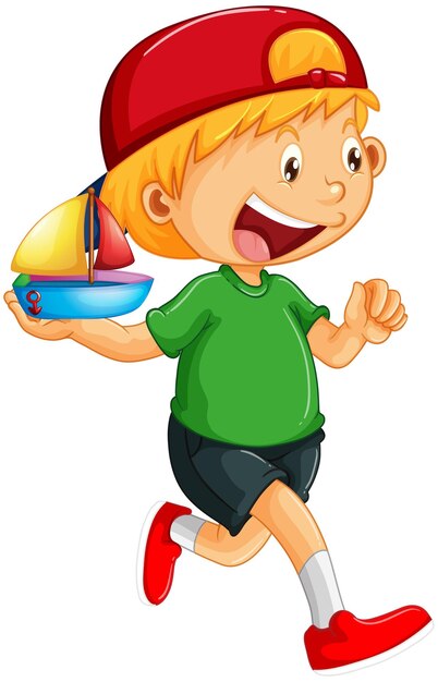 Happy boy cartoon character holding a toy ship