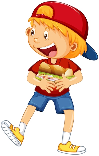 Free Vector happy boy cartoon character hugging food sandwich