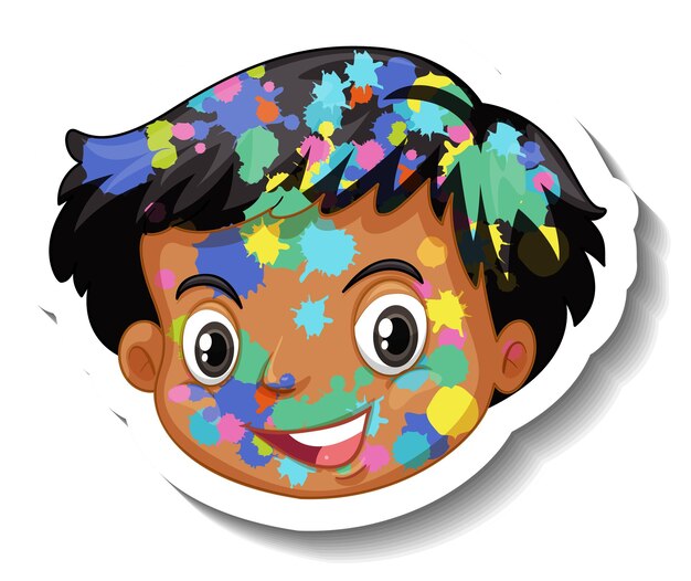 Happy boy face with colour on his face sticker on white background