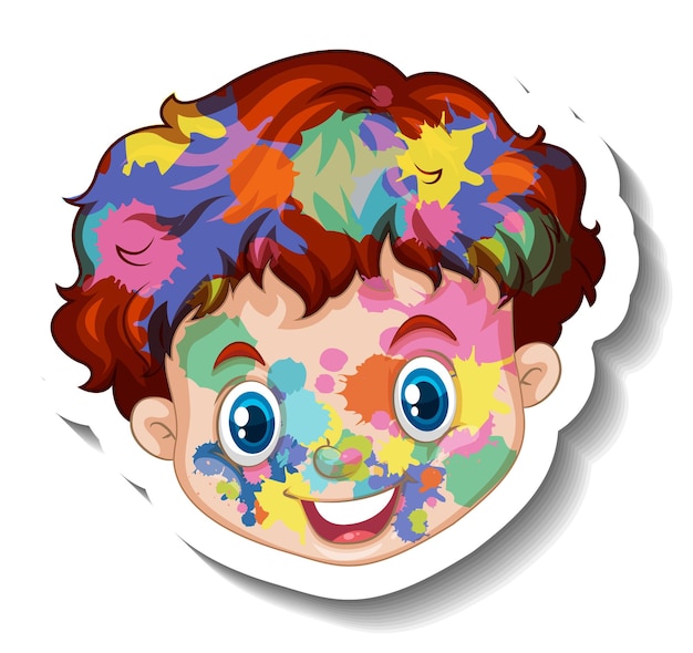 Happy boy face with colour on his face sticker on white background