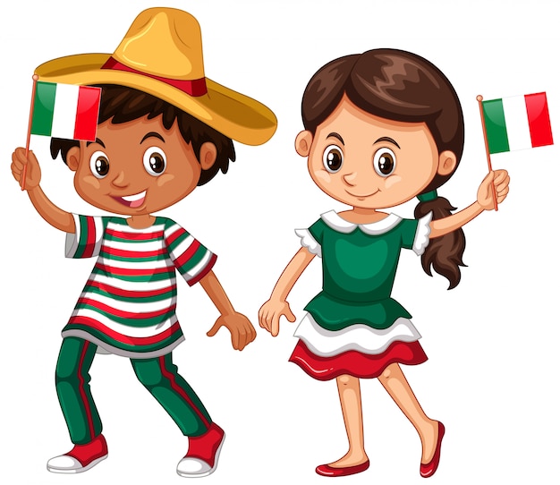 Happy boy and girl holding flag of Mexico