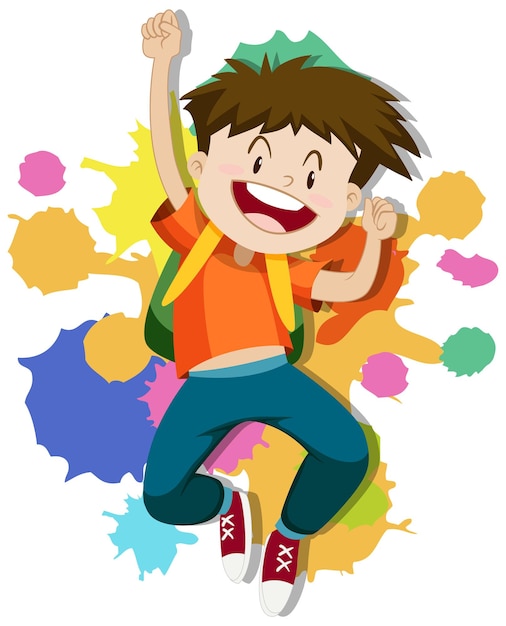 Happy boy jumping on colorful background