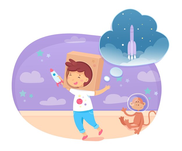 Happy boy playing and dreaming being astronaut smiling cute funny child wearing cardboard box on head holding toy rocket Spaceship in dream bubble