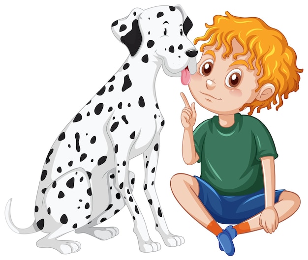 Free vector a happy boy sitting on the floor and pets dog