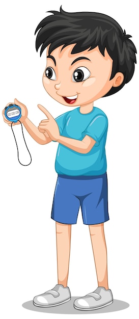 Free Vector happy boy standing and holding a timer