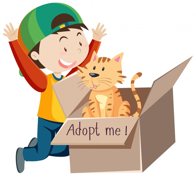 A happy boy wearing cap with cute cat in a box cartoon isolated