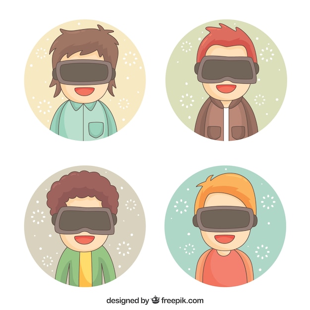 Free Vector happy boys enjoying virtual reality glasses with round background