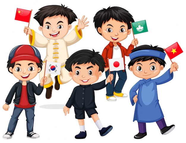 Free Vector happy boys holding flag from different countries