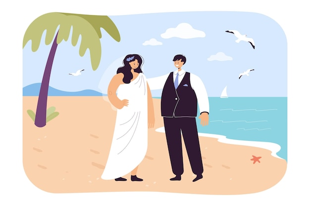 Free vector happy bride and groom on beach flat vector illustration. newlyweds having wedding ceremony on shore during summer vacation. marriage, love concept for banner, website design or landing web page