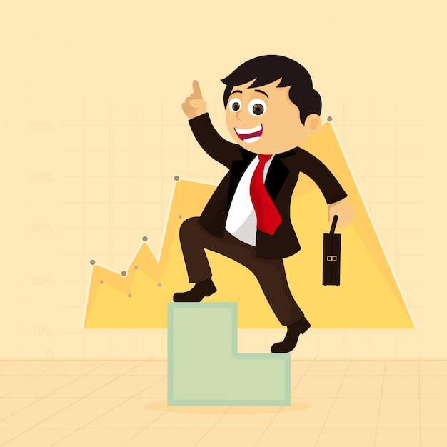 Free Vector  happy businessman on success stairs, statistical graph background for business concept. 