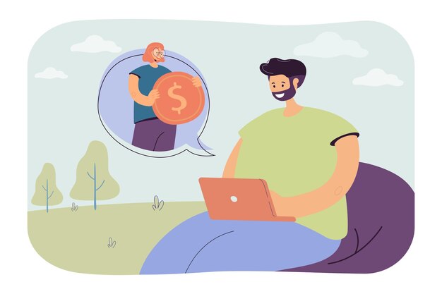 Happy businessman with laptop sitting in park. Cartoon woman in speech bubble holding big gold coin flat vector illustration. Finances, investment concept for banner, website design or landing page