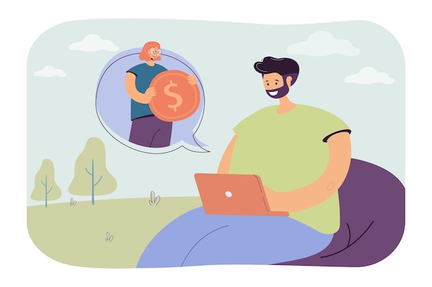 Happy businessman with laptop sitting in park. Cartoon woman in speech bubble holding big gold coin flat vector illustration. Finances, investment concept for banner, website design or landing page