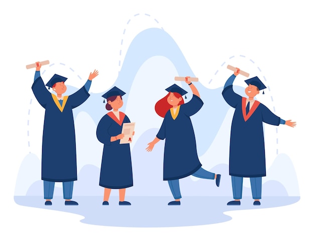 Free Vector happy cartoon college or university students holding diplomas. people getting degree, certificate, academic success flat vector illustration. education, graduation concept for banner, website design