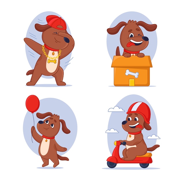 Free Vector happy cartoon dog making dabbing gesture riding scooter holding air balloon sitting in box set