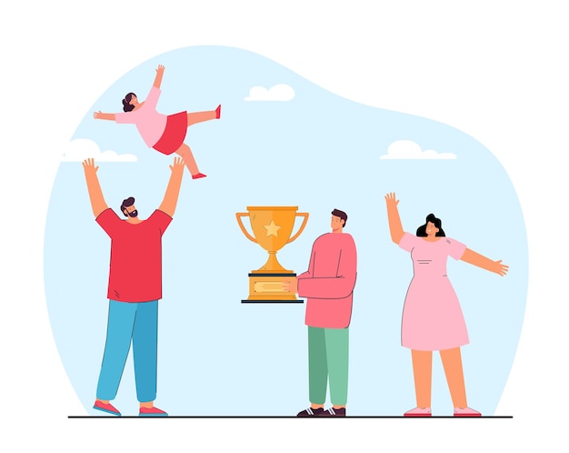 Free Vector happy cartoon family celebrating winning award together. son holding gold cup, father throwing daughter up flat vector illustration. success, victory, family concept for banner or landing web page