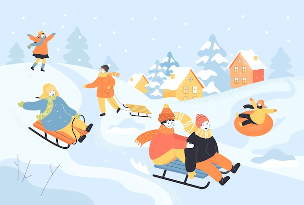 Happy cartoon kids sliding down hill on sleds. Snow falling, children having fun while sledding down slide flat vector illustration. Winter activities or holidays, childhood concept for banner