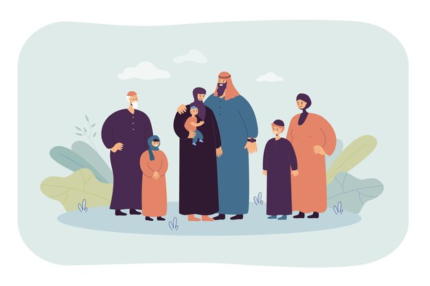 Happy cartoon muslim family. Flat illustration