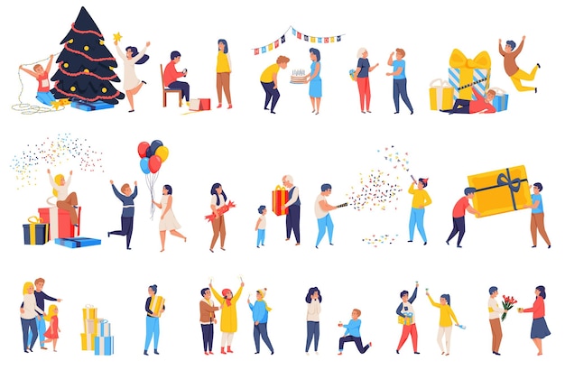 Happy celebration people flat icons collection of isolated human characters with colourful balloons and gift boxes vector illustration