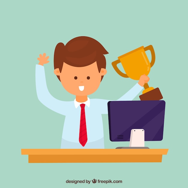 Happy character winning a prize with flat design