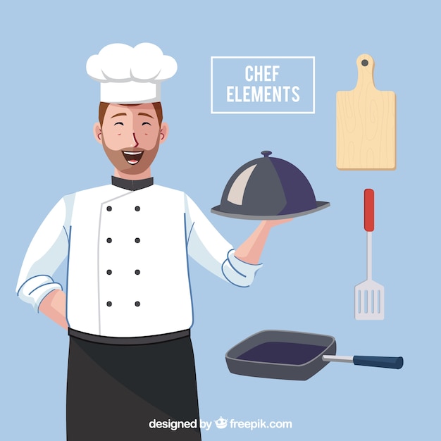 Free Vector happy chef with variety of utensils