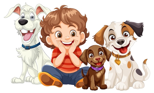 Free Vector happy child with three dogs