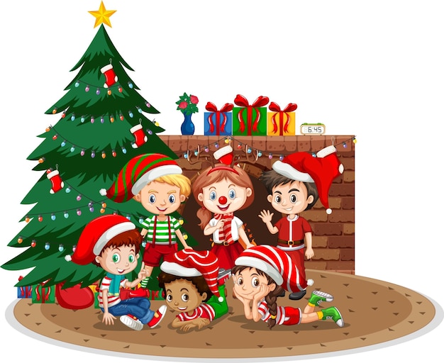 Happy children celebrating Christmas on white background