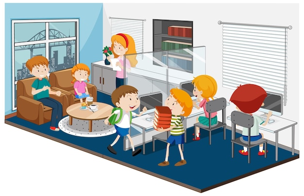 Free Vector happy children in the computer room scene