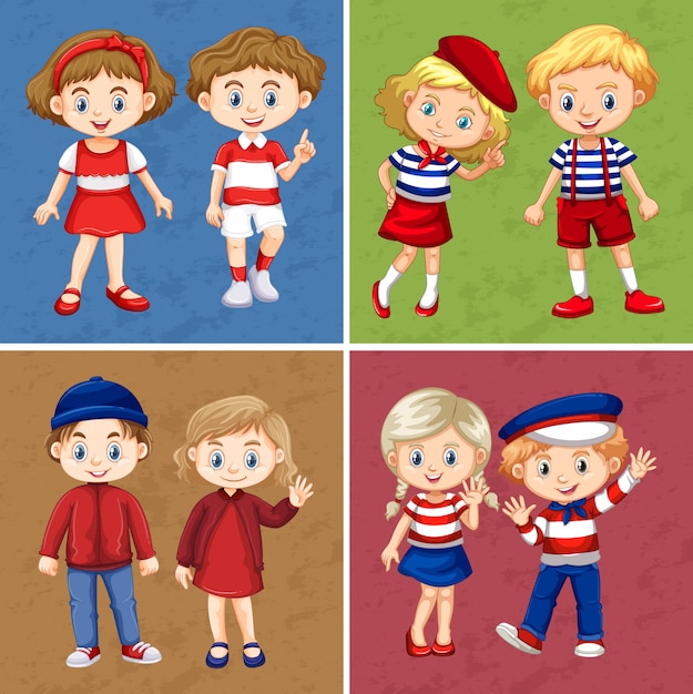 Free vector happy children on four different scenes