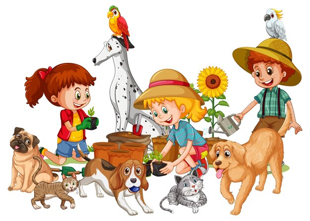 Free Vector happy children gardening plants with their dogs